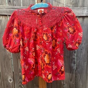 Farm Rio for Anthropologie gtustina red floral lace Pierre cottage core blouse L